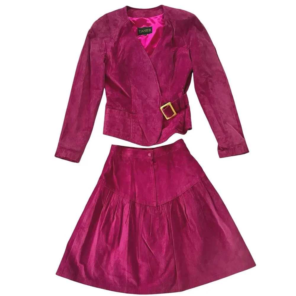 Vintage 90’s Danier Pink Suede Leather Lined Skirt Blazer Set Cowgirl Size 8